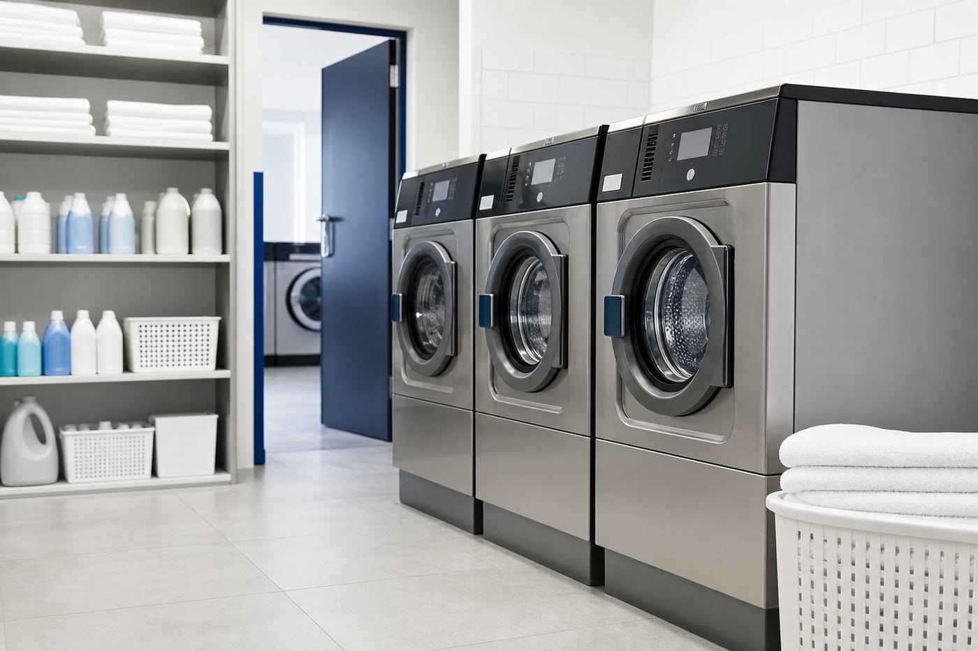 Wash house machines and tidy shelves