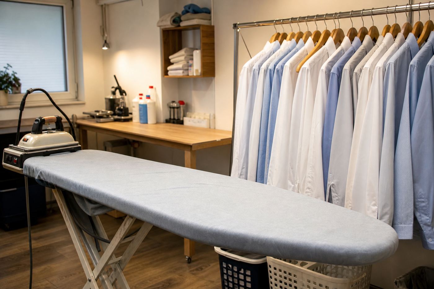 Pressed shirts hanging in the laundry